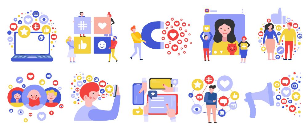 A diverse group of individuals surrounded by various social media icons, symbolizing online connectivity and interaction.