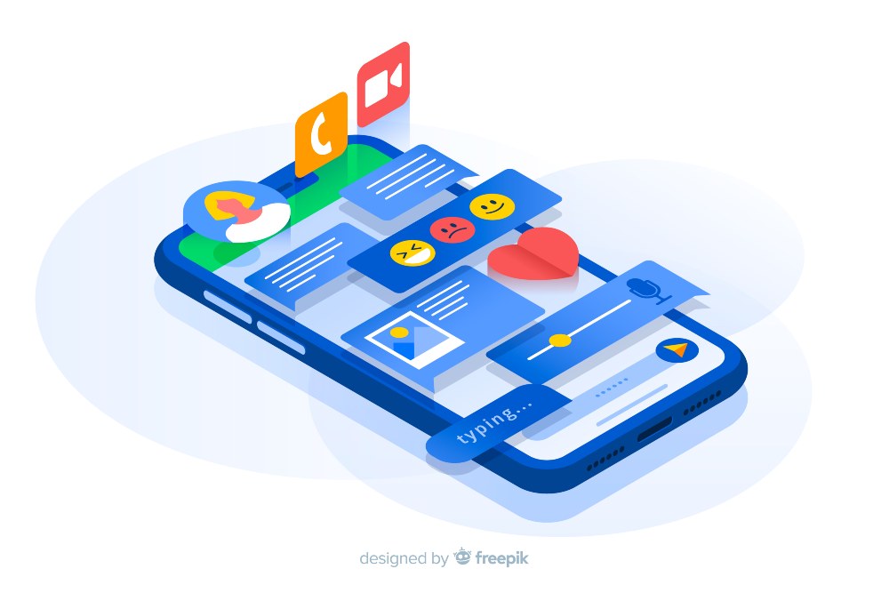 Isometric illustration of a modern social media app interface showcasing various interactive features and user engagement.