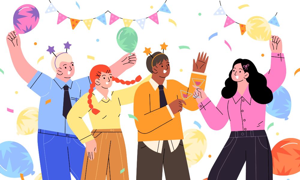 Illustration of colleagues celebrating at a company party with balloons, confetti, and festive decorations.