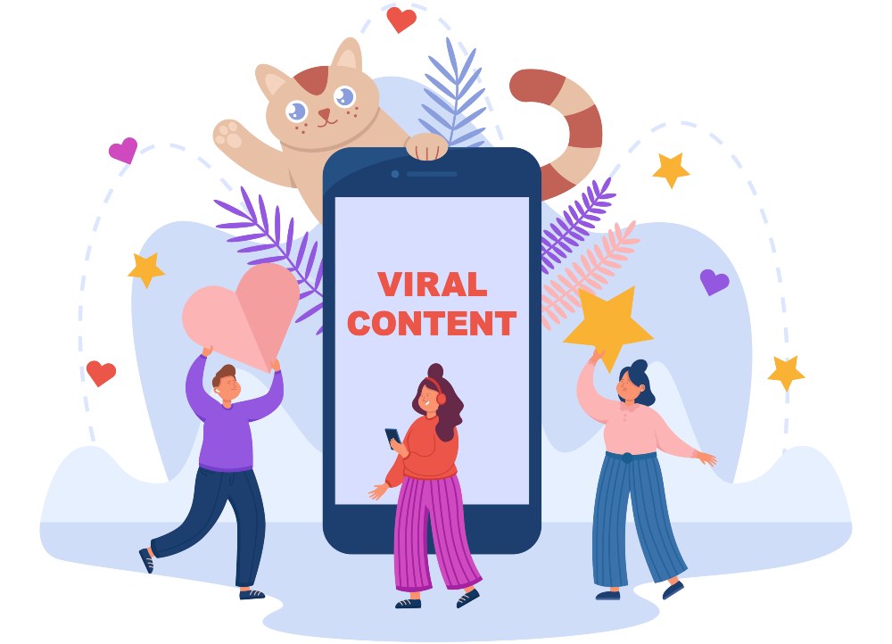 An illustration depicting viral content, symbolizing widely shared media among diverse audiences across various platforms.