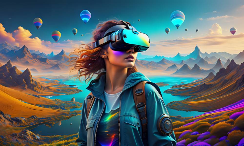 A woman wearing virtual reality glasses gazes at a vibrant, colorful landscape, immersed in a digital experience.