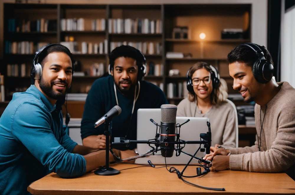 A group of four people collaborating and recording a podcast episode together.